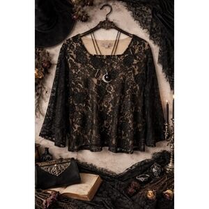 Whimsigoth Dark Romantic Vintage Floral Lace Blouse: Witchy Goth 3/4 Bell Sleeve